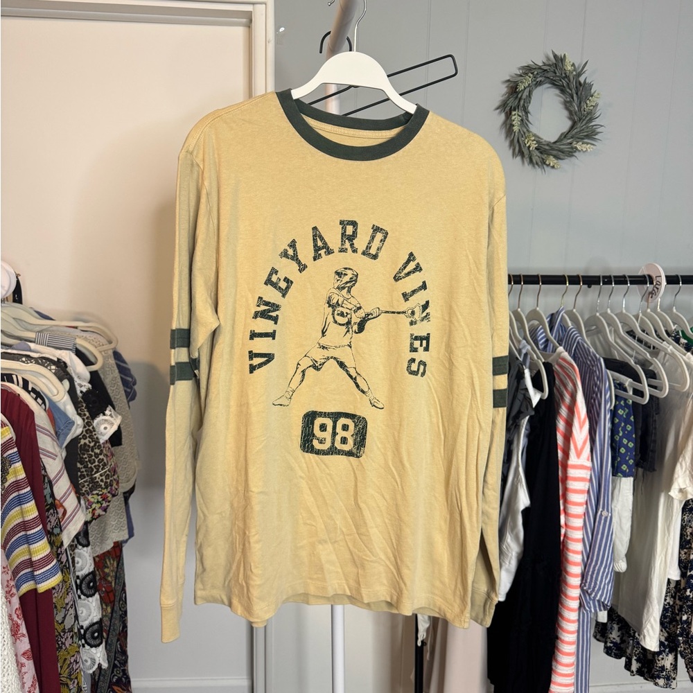 Vineyard Vines Beige Long Sleeve Ringer T Shirt Med Lacrosse
